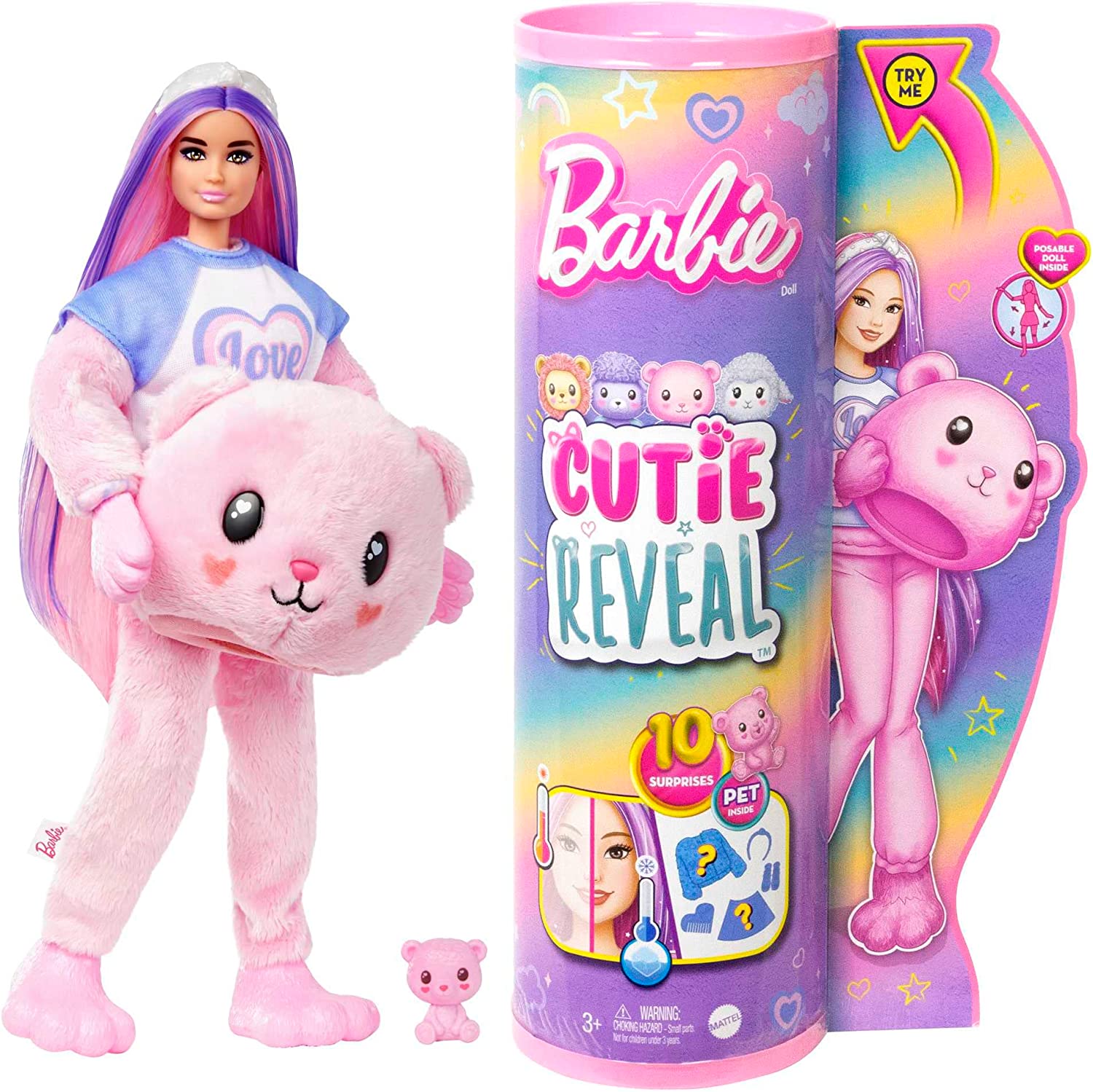 Barbie Cutie Reveal con pelo rosa y disfraz de oso (Nueva versión)