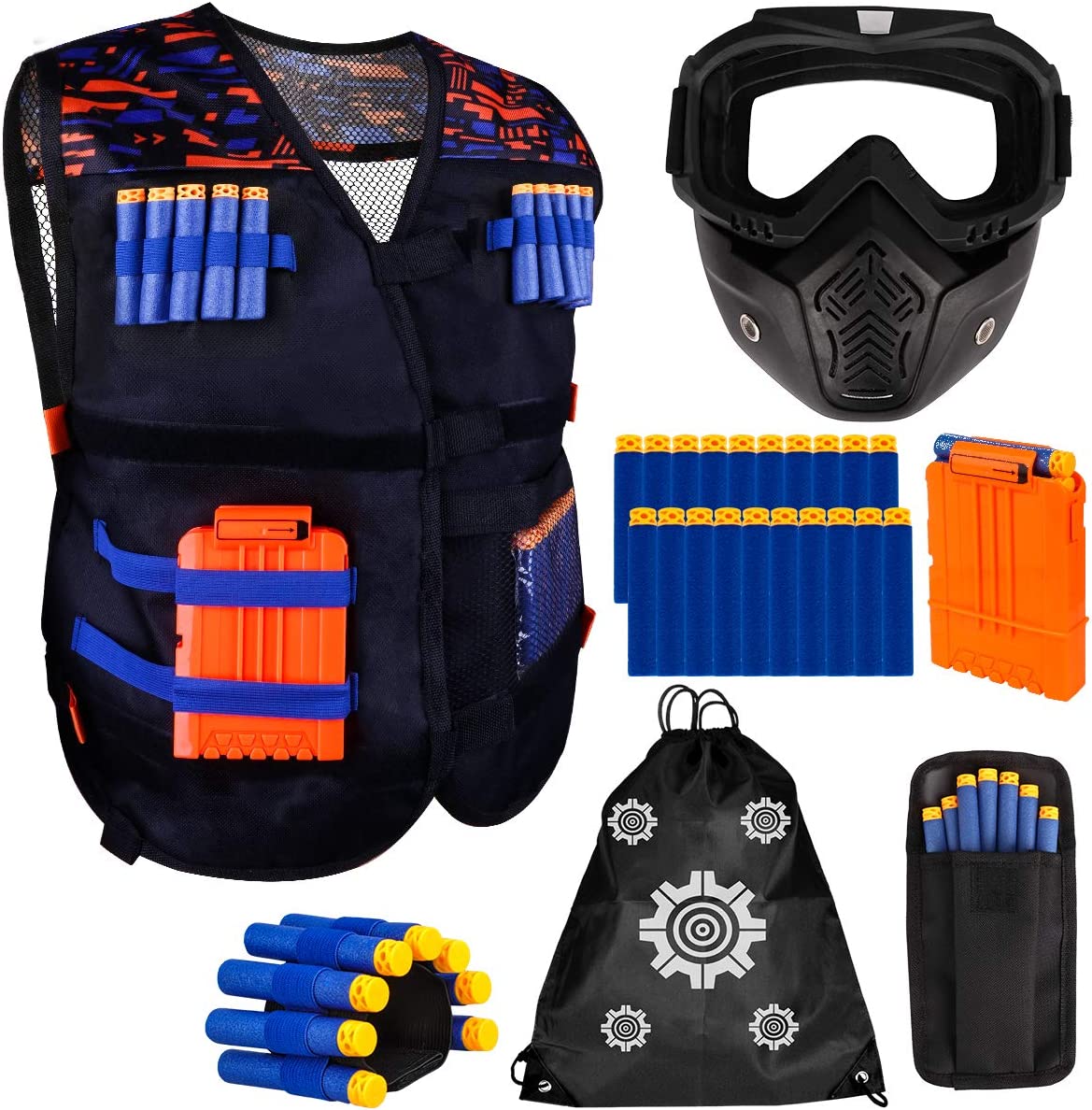 Kit de chaleco táctico para niño, para pistolas Nerf N-Strike Elite Series, incluye máscara táctica desmontable para Nerf Rival, recarga de dardos, bolsa para dardos, clips de recarga y muñequera