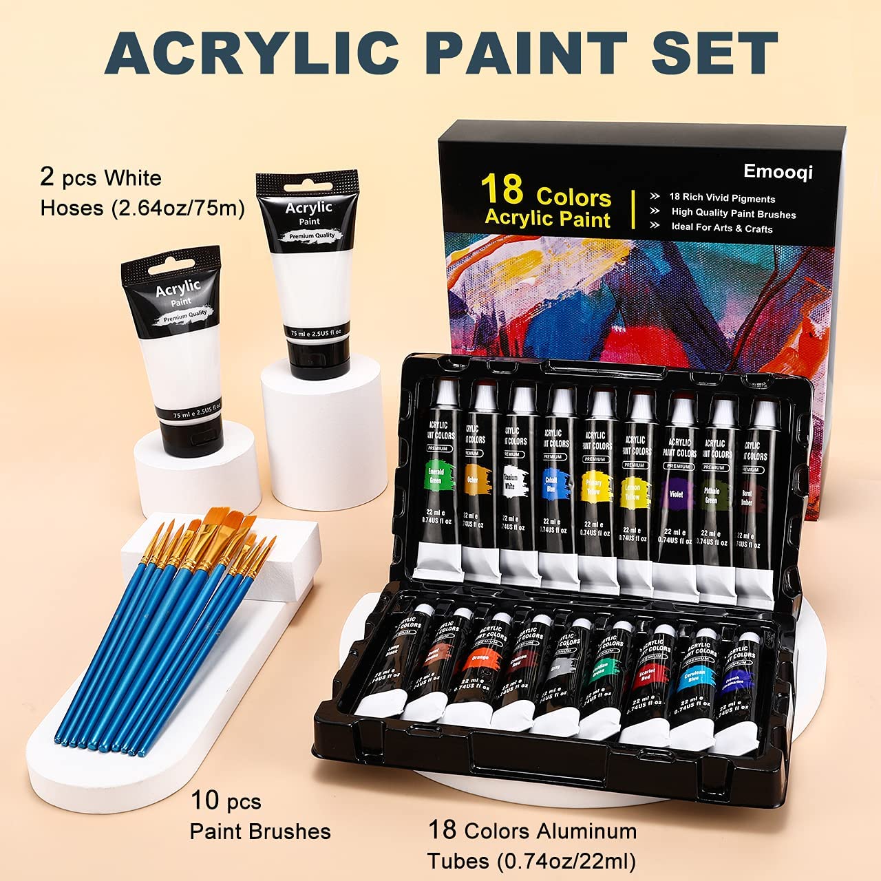 Juego de pintura acrílica 18 colores  + 2 blancos + 10 pinceles