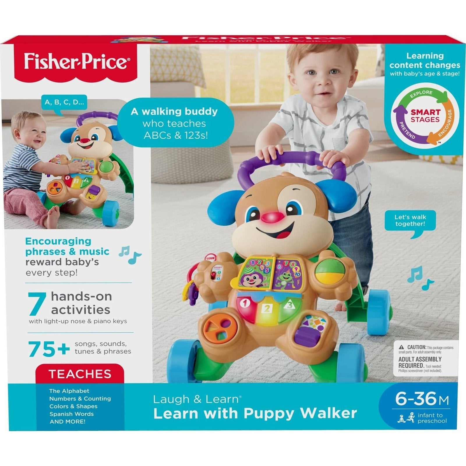 Fisher-Price Juguete de aprendizaje musical y caminante para bebés con contenido educativo de etapas inteligentes, aprende con cachorro