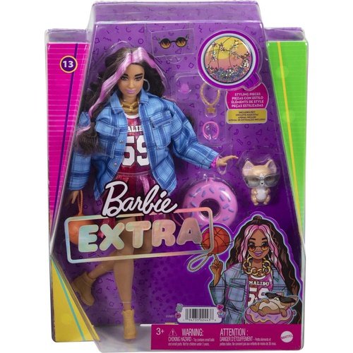 Barbie Muñeca y accesorios, muñeca extra a la moda con cabello rizado y vestido de jersey, con mascotas