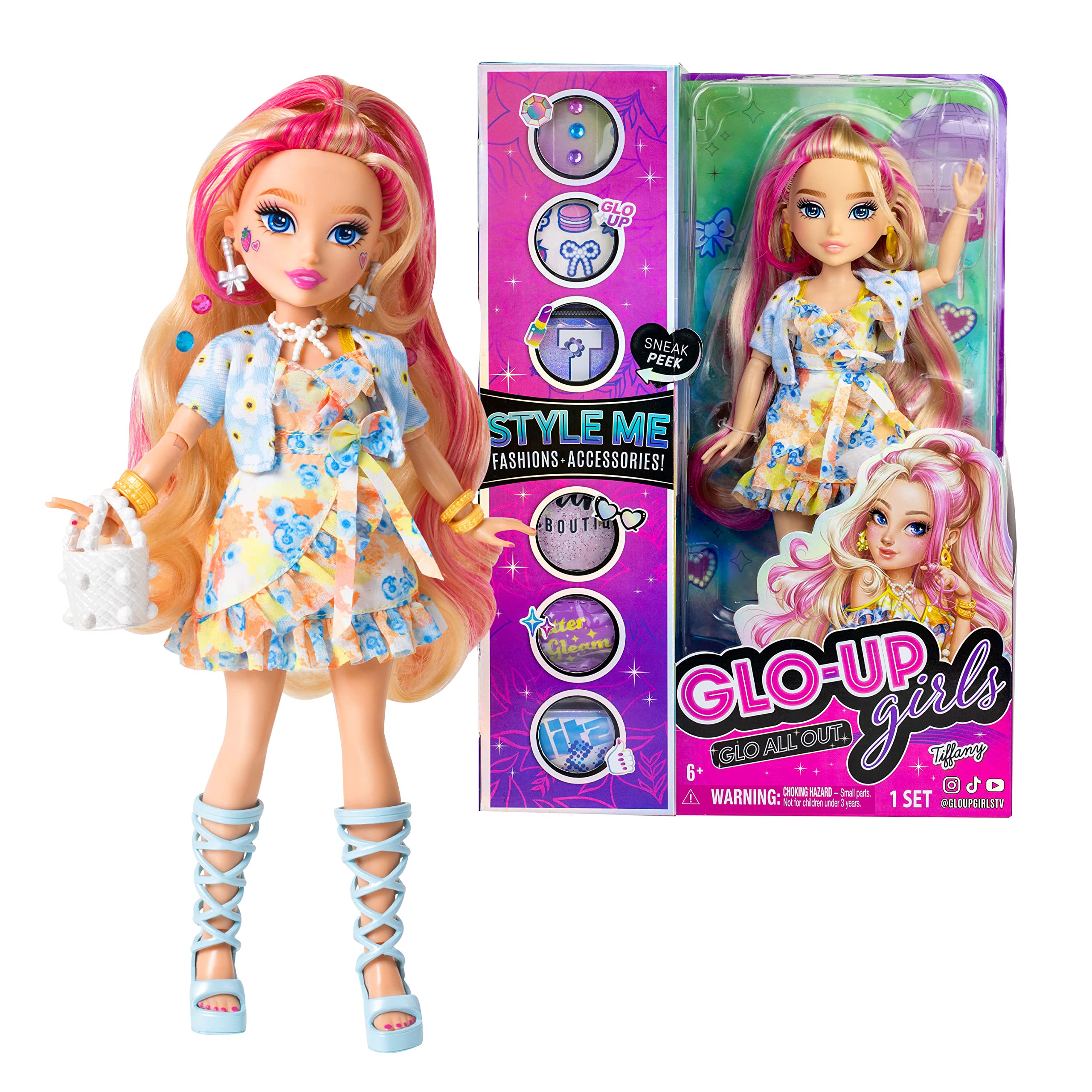 Far Out Toys GLO-UP - Muñeca de moda rubia Tiffany para niñas, joyas deslumbrantes, gemas para el cabello, accesorios, moda, calcomanías faciales, maquillaje, uñas